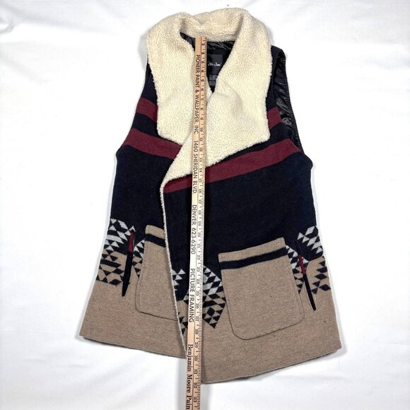 Me Jane Southwestern Sherpa Collar Wool Blend Open Front Long Vest Womens Large - Picture 9 of 10